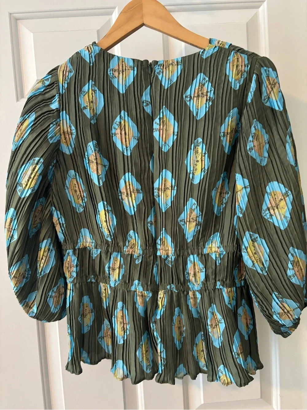 Tuckernuck Olive Peplum Blouse with Blue and Gold Floral Print